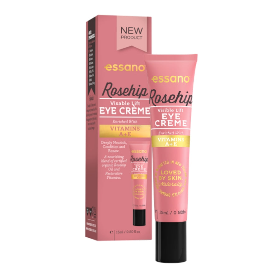 Essano Rosehip Visible Lift Eye Creme 15ml Deeply nourish, condition and renew. Enriched with Vitamin A & E, formulated to restore a youthful glow, soften and smooth wrinkles and visibly lift skin and even out skin tones. The essence of nature: No Parabens No Sulphates No Silicones No Phthalates No Ethoxylates No PEGs, PPGs No Mineral Oils No GMOs No Animal Testing