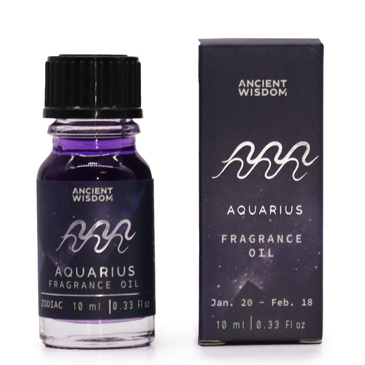 Zodiac Fragrance Oil - AQUARIUS - Amethyst Crystal &amp; Amber Fragrance is a 10ml bottle of fragrance oil that is designed to represent the Aquarius zodiac sign. The oil is dark-coloured with bio glitter inside, which is meant to mimic the twinkling stars of the night sky. Infused with amethyst and amber, gemstones said to amplify the oil's celestial energy, this fragrance awakens the Aquarian's intuition and fuels their creative spirit.&nbsp;

10ml bottle of fragrance oil

Dark-coloured oil with bio glitt