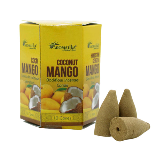 Experience the pure and cleansing aroma with Aromatika Backflow Incense - Coconut &amp; Mango. Sweet Mango and creamy Coconut this unique fusion creates an exotic and delightful aroma that evokes thoughts of a tropical escape. Take your sensory journey to new heights.These cones are designed to create a mesmerizing waterfall effect when burned in a compatible backflow incense burner. Cleanse your living space, meditation area, or personal aura. Its calming properties invite balance and spiritual well-being 