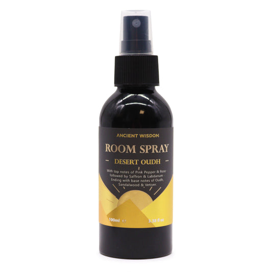 This&nbsp;Desert Oudh Room Spray&nbsp;offers a rich, inviting fragrance that evokes the warmth and mystique of the desert. The combination of oud, spices, woods, and floral notes creates a complex and captivating scent.

A warm, spicy, and slightly woody fragrance with a touch of citrus and floral notes.

Top notes:&nbsp;Pink Pepper, Rose

Heart notes:&nbsp;Saffron, Labdanum

Base notes:&nbsp;Oudh, Cedar, Juniper, Vetiver, Citronellol, Linalool, Coumarin