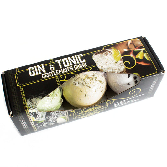 Gentleman's Drink G&amp;T, G&amp;T+Cucumber &amp; G&amp;T+Lime Bath Bombs Set Of 3

These Cocktail Bath Bombs contain the finest scents of all your favourite mixed drinks. Each gift pack contains three themed drink bombs.&nbsp;

A perfect gift for the lover of these cocktails.

Each variation comes with its own unique scent and colour, making the bath smell and look just like the real cocktail.