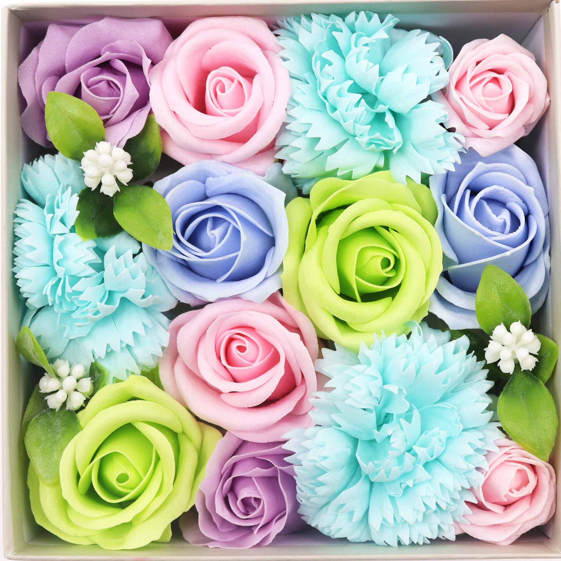 Celebrate the joy of new life and blessings with a Soap Flower Gift Square Box in a delightful shade of blues. This charming gift set is not just a treat for the eyes but also a thoughtful way to convey your warm wishes to new parents