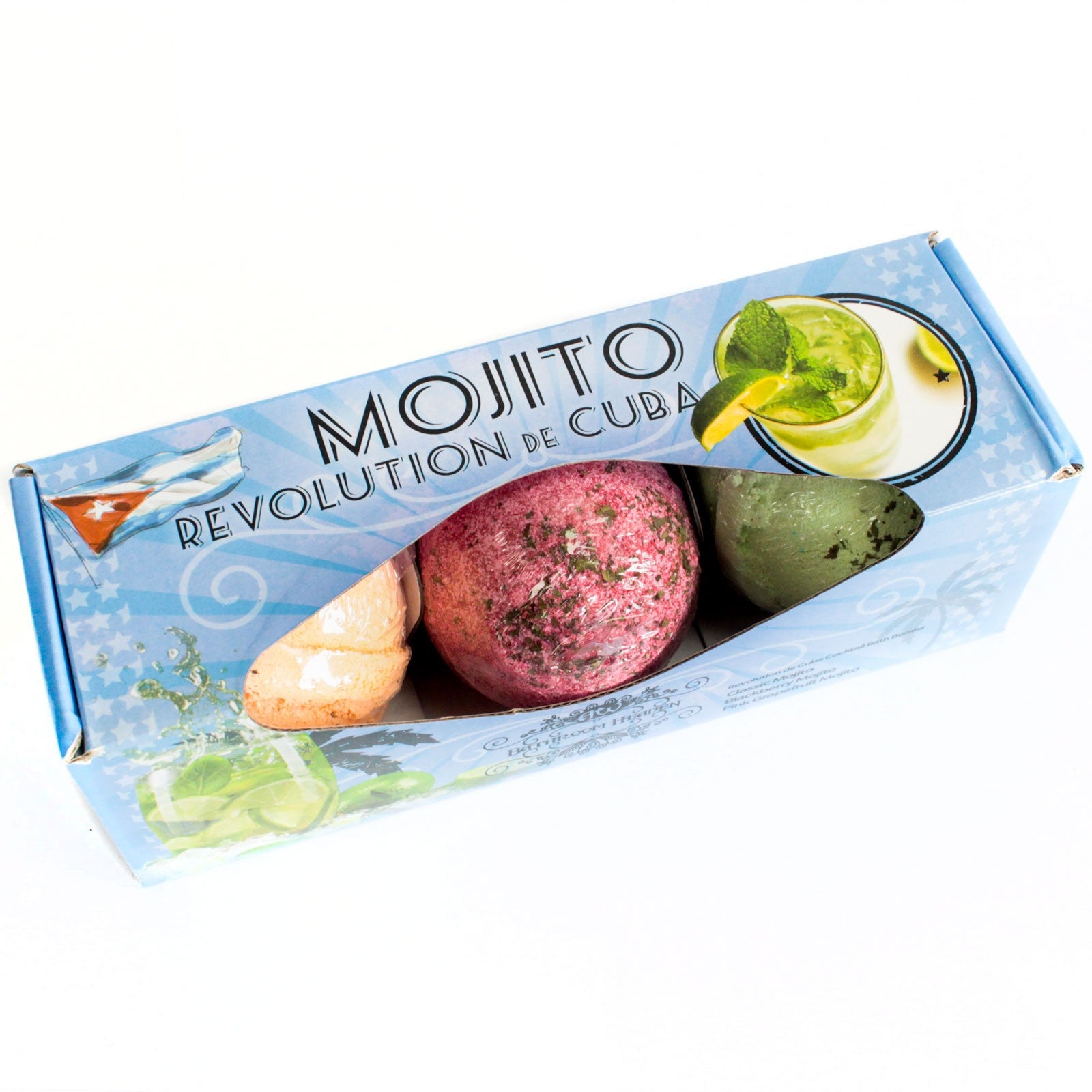 Revolution De Cuba Classic, Blackberry Mojito, Pink Grapefruit Mojito Bath Bombs Set Of 3

These Cocktail Bath Bombs contain the finest scents of all your favourite mixed drinks. Each gift pack contains three themed drink bombs.&nbsp;

A perfect gift for the lover of these cocktails.

Each variation comes with its own unique scent and colour, making the bath smell and look just like the real cocktail.