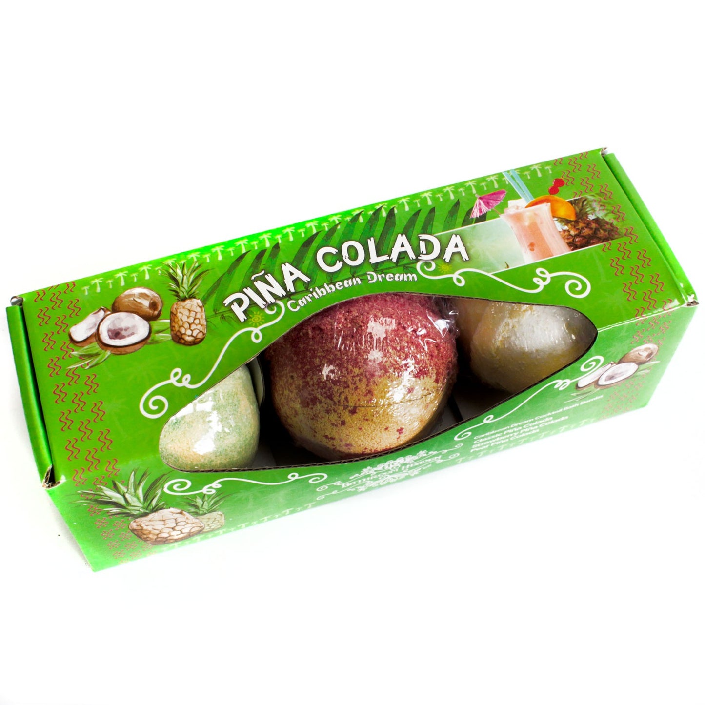 Caribbean Dream Classic Pina, Strawberry Pina, Pear Pina Bath Bombs Set Of 3

These Cocktail Bath Bombs contain the finest scents of all your favourite mixed drinks. Each gift pack contains three themed drink bombs.&nbsp;

A perfect gift for the lover of these cocktails.

Each variation comes with its own unique scent and colour, making the bath smell and look just like the real cocktail.