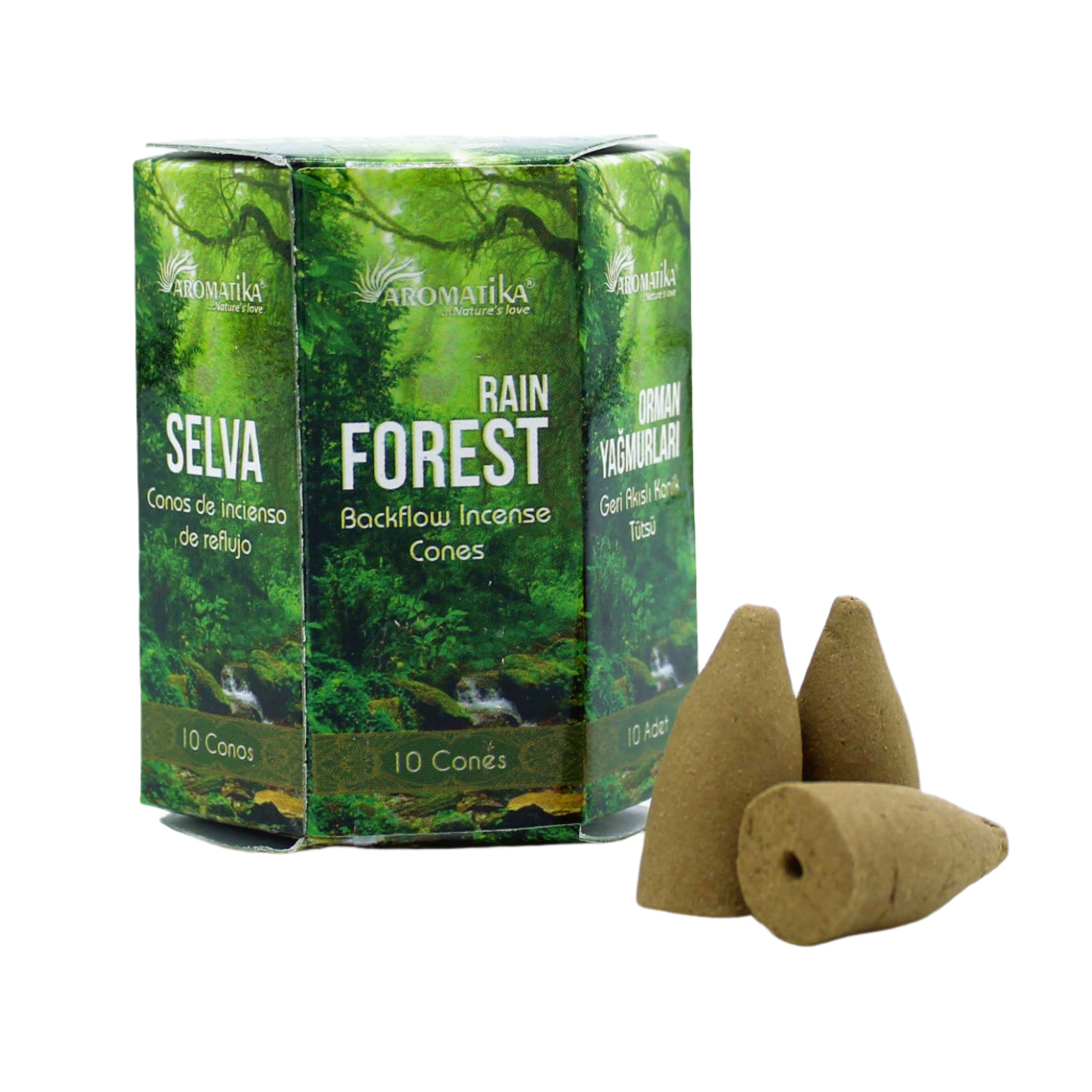 Experience the pure and cleansing aroma with Aromatika Backflow Incense - Rain Forest. Rain Forest is designed to evoking feelings of freshness and rejuvenation. Take your sensory journey to new heights.These cones are designed to create a mesmerizing waterfall effect when burned in a compatible backflow incense burner. Cleanse your living space, meditation area, or personal aura. Its calming properties invite balance and spiritual well-being into your life.&nbsp;

Each pack contains 10 backflow incense con