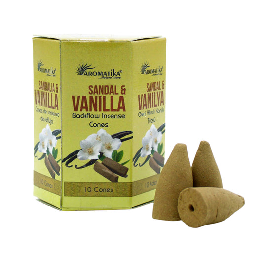 Experience the pure and cleansing aroma with Aromatika Backflow Incense - Sandal &amp; Vanilla. With rich, woody notes of Sandalwood and the sweet, soothing essence of Vanilla. This unique blend offers a tranquil and comforting aroma.&nbsp;Take your sensory journey to new heights.These cones are designed to create a mesmerizing waterfall effect when burned in a compatible backflow incense burner. Cleanse your living space, meditation area, or personal aura. Its calming properties invite balance and spiritua