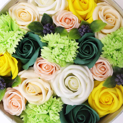 Embrace the beauty of spring all year round with a Soap Flower Gift Round Box in a delightful blend of yellows and greens. This exquisite gift set captures the essence of blooming gardens and the vibrancy of the season.