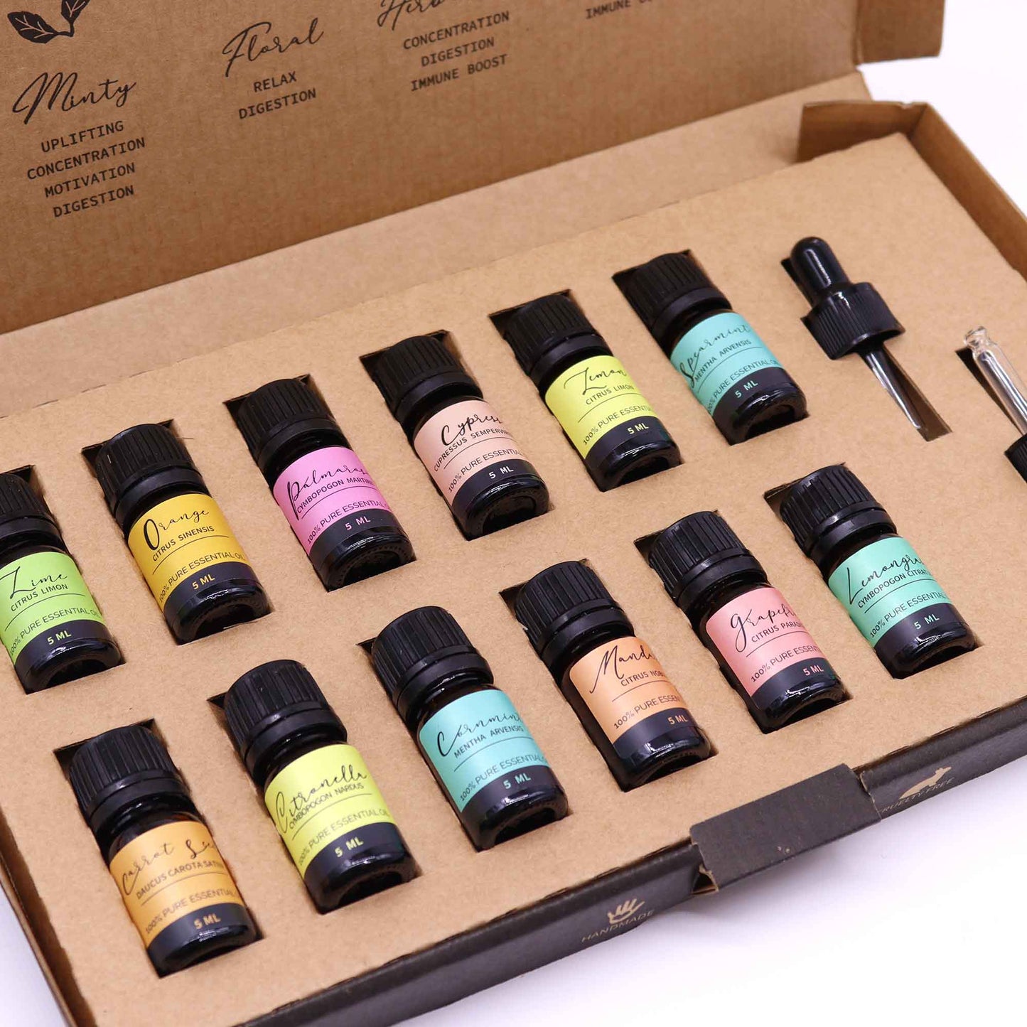 Aromatherapy Essential Oil Set is an amazing gift for the home and mind. This set contains 12 essential oils (5ml each) and 2 droppers. Our Essential oil gift set combines a variety of floral, minty, woody, spicy and herbal scents.&nbsp;

100% Pure

Handmade

Vegan Friendly

Cruelty-Free

What is in the box?

5ml Carrot Seed Essential Oil&nbsp;

5ml Citronella Essential Oil&nbsp;

5ml Cypress Essential Oil&nbsp;&nbsp;

5ml Grapefruit Essential Oil&nbsp;

5ml Lemon Essential Oil &nbsp;

5ml Lime Essential Oi