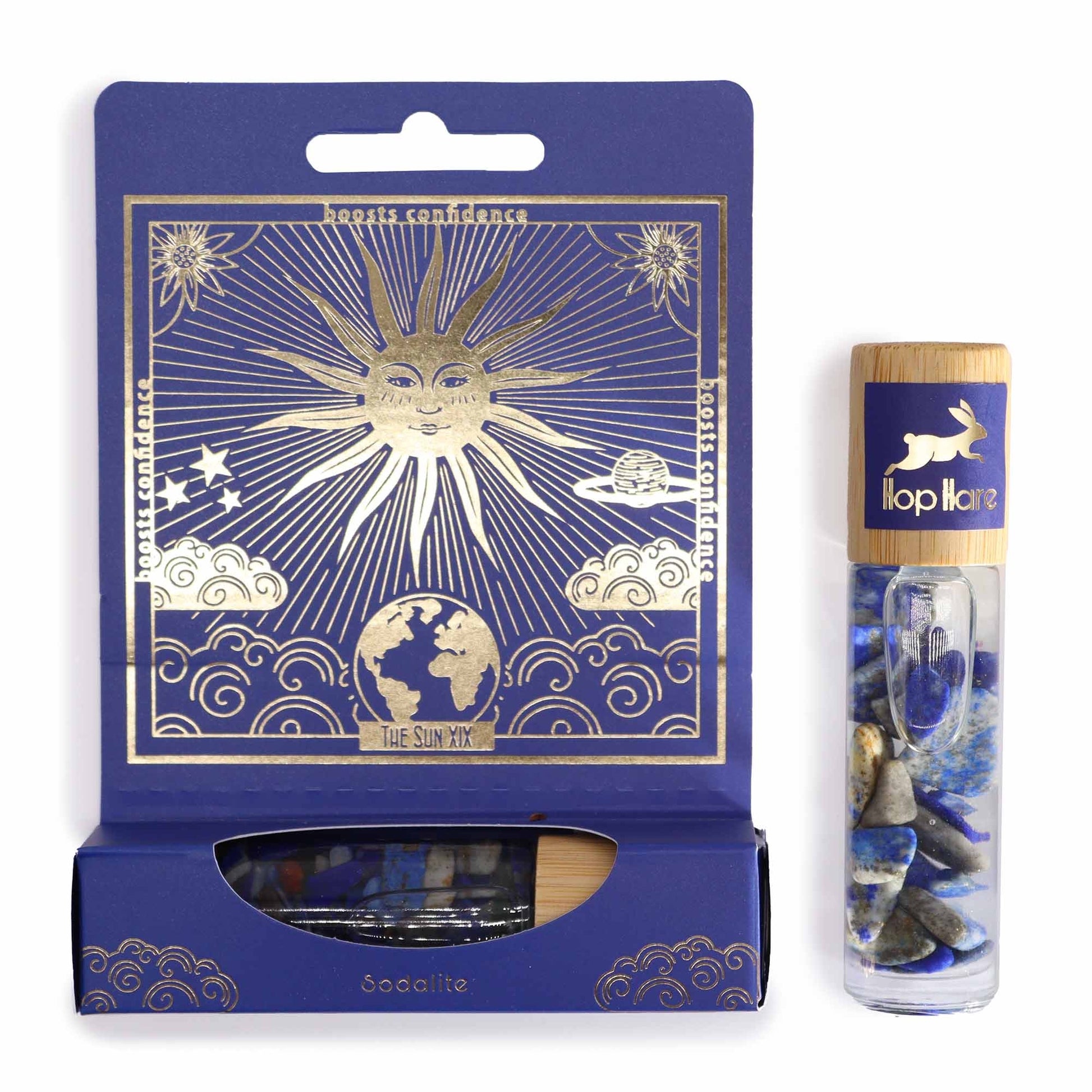 "The Sun" by Hop Hare emerges as a beacon of self-assurance, a gemstone-infused essential oil roll-on that captures the invigorating energy of a sunlit day. Infused with the clarifying power of Sodalite gemstones, this blend is your ally in embracing a life lived boldly and brightly.

The Sun's Stone: Sodalite

Nestled within each roll-on is a Sodalite gemstone, chosen for its ability to enhance self-esteem and encourage emotional balance. Sodalite's presence in "The Sun" seeks to amplify your inner convict