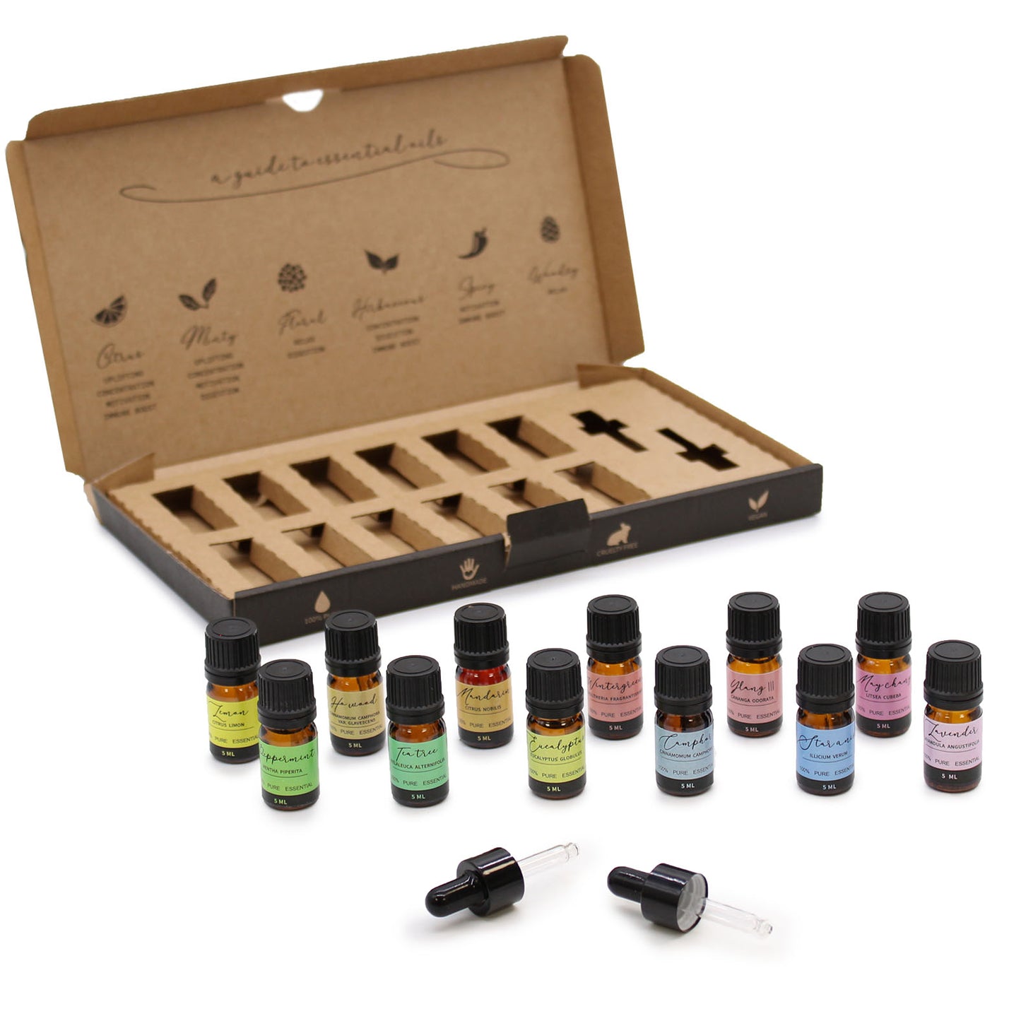 Aromatherapy Essential Oil Set is an amazing gift for your home and mind.&nbsp;This set contains 12 essential oils&nbsp;(5ml each) and 2 droppers. This set combines a variety of floral, minty, woody, spicy and herbal scents.&nbsp;

100% Pure
Handmade
Vegan Friendly
Cruelty Free

What is in the box?

5ml Lemon Essential Oil

5ml Mandarin Essential Oil

5ml Ho Wood Essential Oil&nbsp;

5ml Ylang III Essential Oil

5ml Wintergreen Essential Oil

5ml May Chang Essential Oil&nbsp;

5ml Eucalyptus Essential Oil

