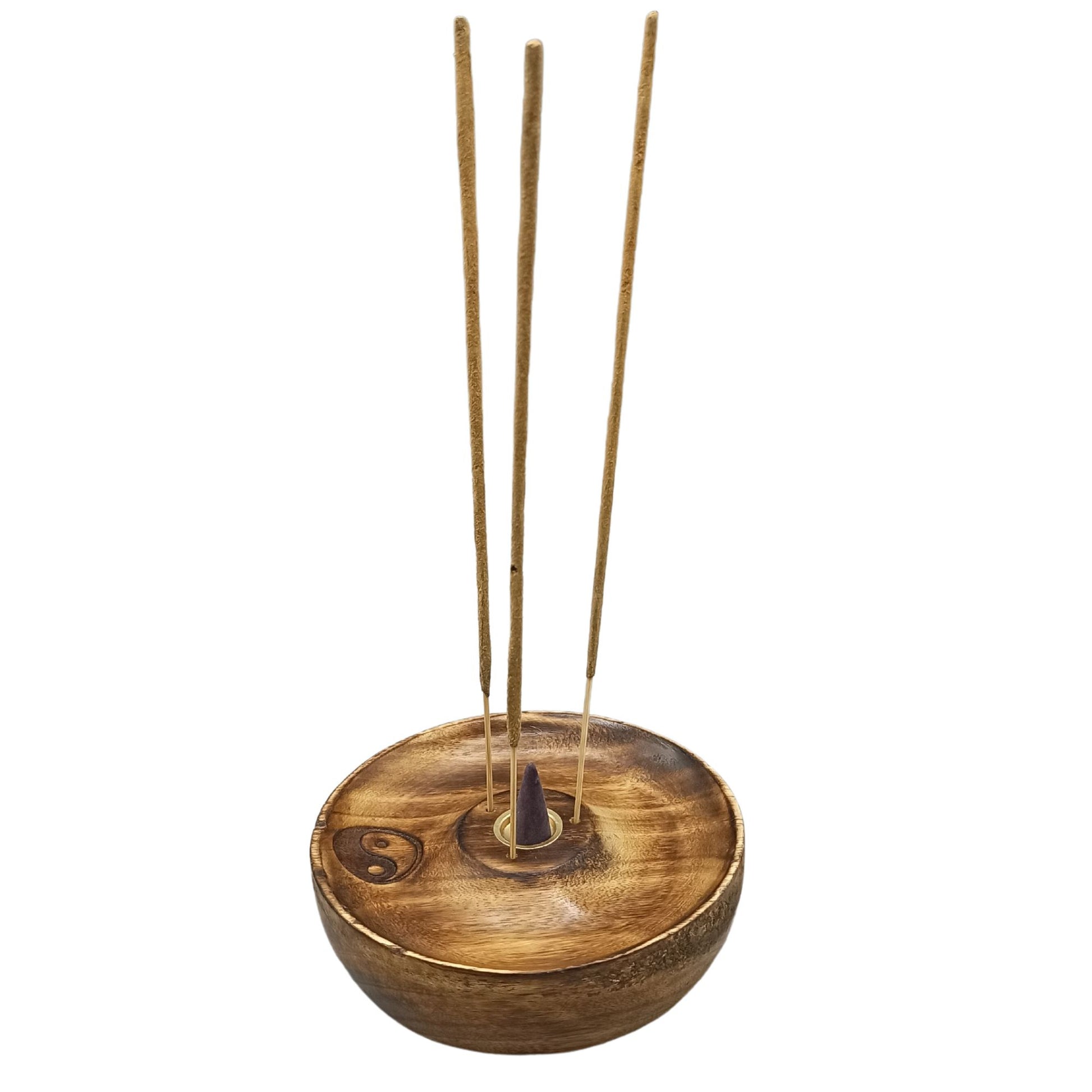 Beautiful woodware Yin &amp; Yang Incense Stick &amp; Cone Burner Disc handcrafted from India. This product holds upto 3 Insence Sticks and 1 Cone all at the same time.