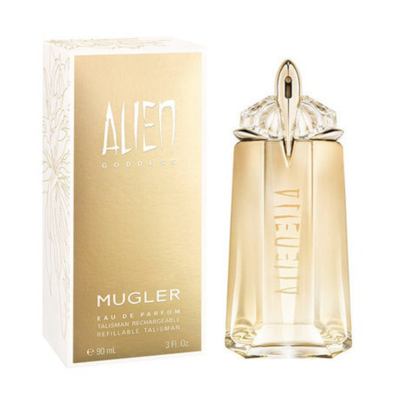 Mugler Alien Goddess Eau De Parfum For Her 90ml Refillable Spray Alien Goddess by Mugler is a Amber Floral fragrance for women. This is a new fragrance. Alien Goddess was launched in 2021. Alien Goddess was created by Nathalie Lorson and Marie Salamagne.  TOP NOTES: Coconut Water, Bergamot  HEART NOTES: Jasmine, Heliotrope  BASE NOTES: Bourbon, Vanilla, Cashmeran