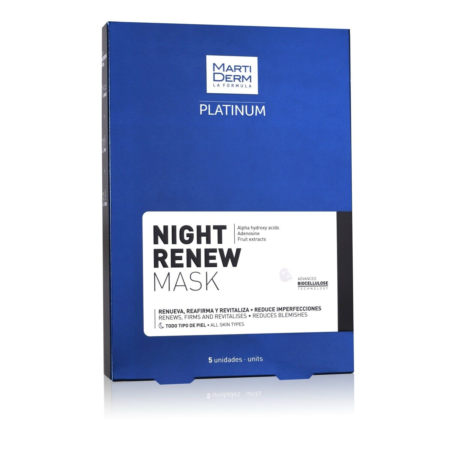 MartiDerm LA Formula Platinum Alpha Hydroxy Acids Night Renew Mask (x5 Masks)  MartiDerm night Intensive counteracts the signs of aging and provides the skin with optimal evenness, firmness and moisturisation  Suitable for all skin types, deep wrinkles and blemishes  With active ingredients that renew and revitalise for a finer and silkier skin